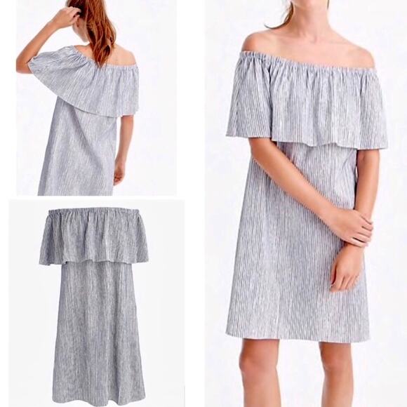 J. CREW Striped Chambray Off The Shoulder Dress - Picture 1 of 11